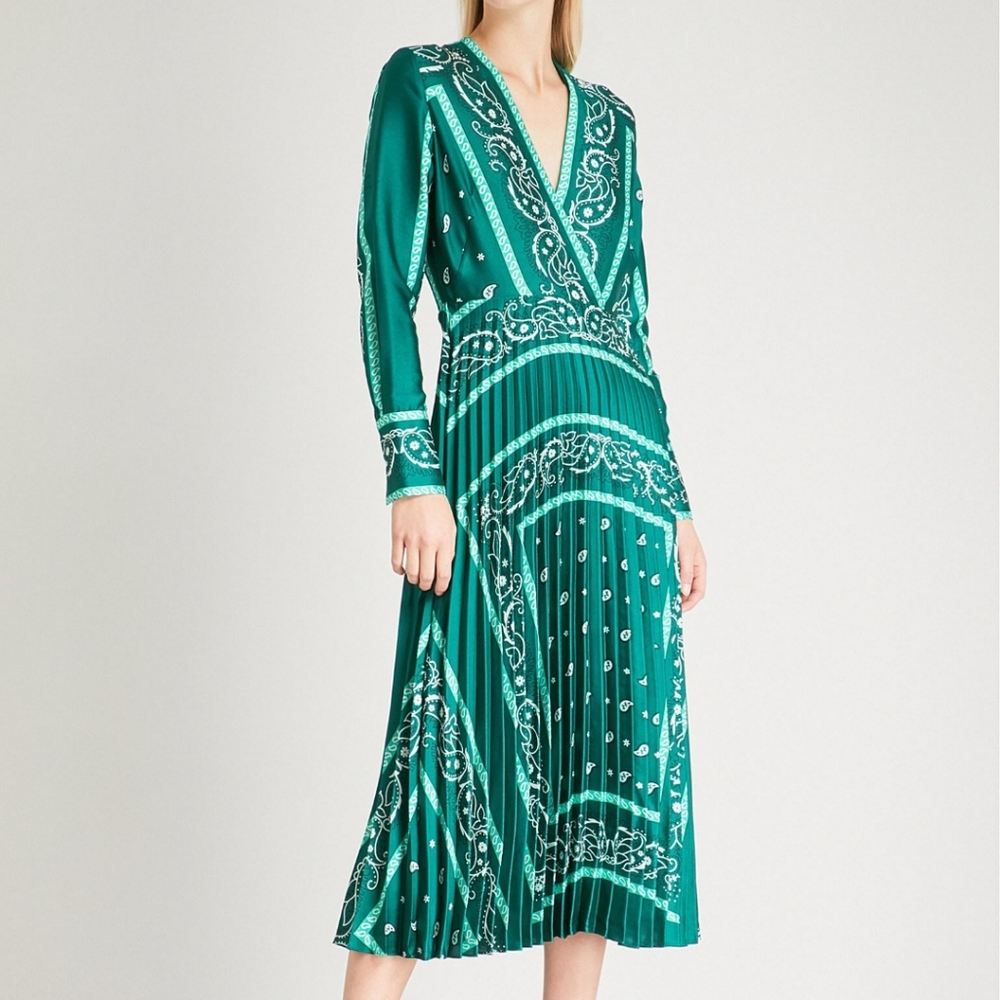 Sandro 36/4 small Paisley Printed Pleated Midi Dress in Green
